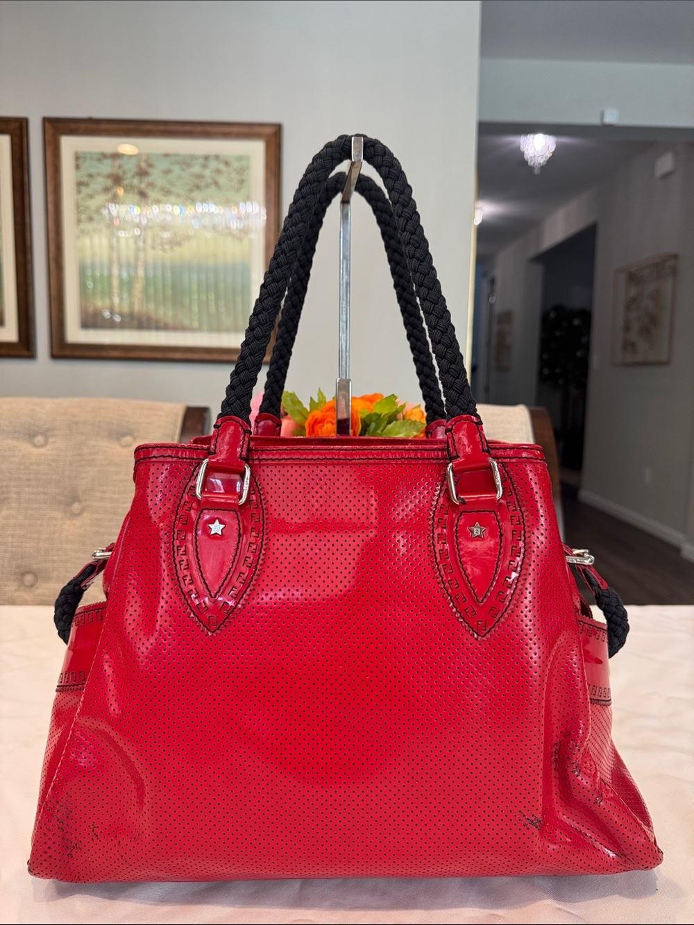 Authentic Fendi Red Patent Satchel with Black Braided Handles - Picture 4 of 17